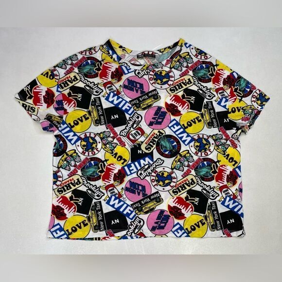 ZARA All Over Print Logo Graphic T-shirt Women Small Multicolor Short Sleeve - Picture 1 of 4